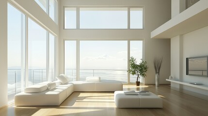 Fototapeta premium Spacious Modern Living Room with Scenic Ocean View and Natural Light