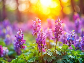 Obraz premium Violet Corydalis Cava Spring Flowers in Bloom - Delicate Blossom Macro Photography