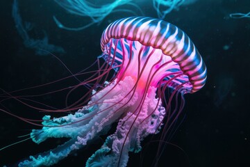 Fototapeta premium A mesmerizing pink and purple jellyfish gracefully floats in the dark ocean depths, its tentacles trailing behind.