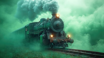 Green steam train, smoke, tracks, mysterious journey.
