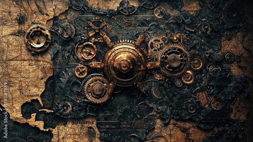 Poster intricate steampunk visualization with gears and world map background
