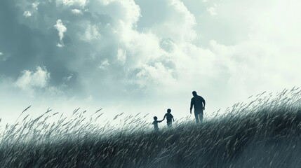 Father and Sons Walking Through Tall Grass Under Cloudy Skies