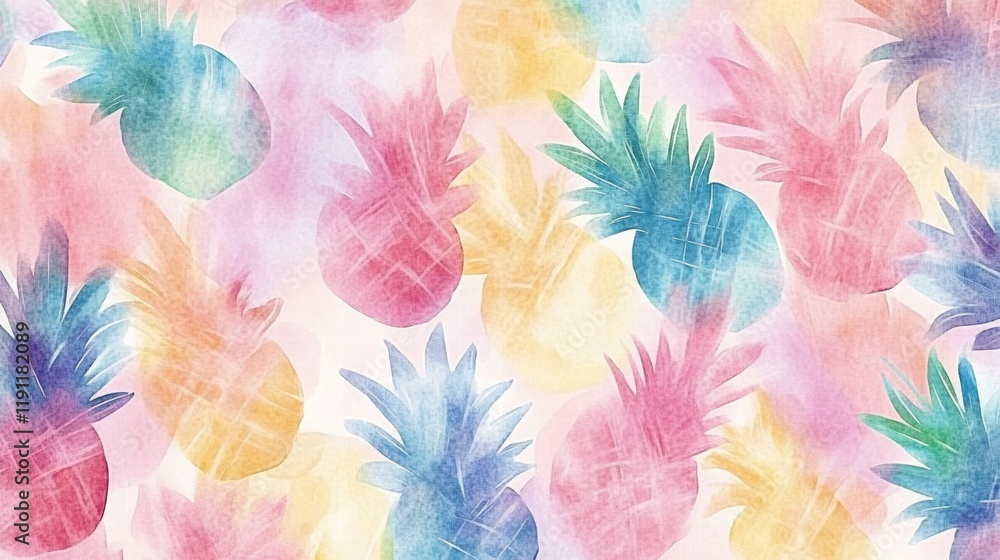 Poster vibrant watercolor pineapple pattern with soft hues showcasing tropical charm and playful design ele