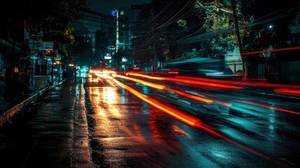 Obraz premium Night City Street Showing Light Trails From Vehicles
