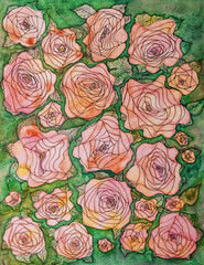 Field of beautiful roses with leaves. The dabbing technique near the edges gives a soft focus effect due to the altered surface roughness of the paper.