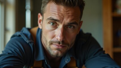 Fototapeta premium Portrait of a plumber in a dark work shirt, blurred plumbing system background. Competent, focused expression conveys expertise. No hands or tools shown.