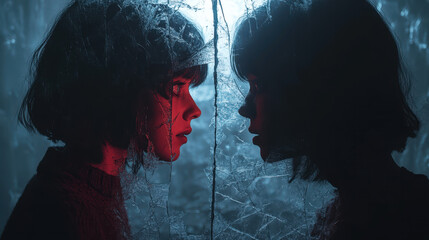 The girl looks at her reflection in the mirror
