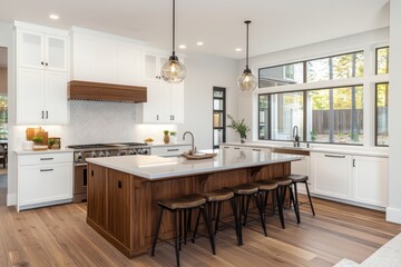 Fototapeta premium Modern kitchen with white cabinets, walnut island, and pendant lights. Showcase luxurious home design, ideal for real estate or interior design.