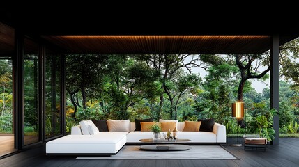 Fototapeta premium Contemporary Living Room with Cozy Sofa and Scenic Nature View through Large Glass Windows