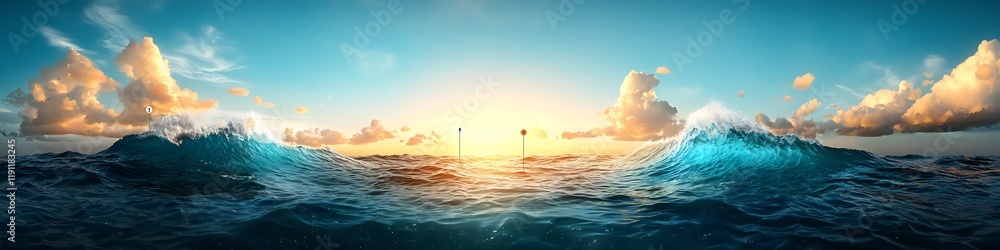 Poster captivating 3d rendered panoramic visualization of powerful ocean waves crashing against the horizon