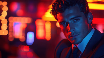 Charismatic man poses under vibrant neon lights in a modern nightlife setting