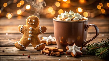 Fototapeta premium Warm Winter Treat: Hot Chocolate, Marshmallows & Gingerbread Cookie