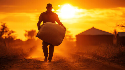 Worker carries a large sack at sunset along a dusty path in rural landscape