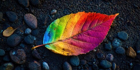 Leaf with a rainbow of colors is on the ground