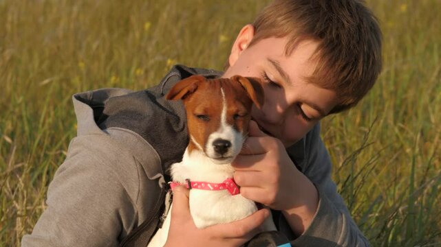 teen boy petting small puppy park. child dream dog. happy family. young guy with dog his hands. child boy petting dog. portrait boy, dog. pet concept. caring for dog park. childhood dream love pet.