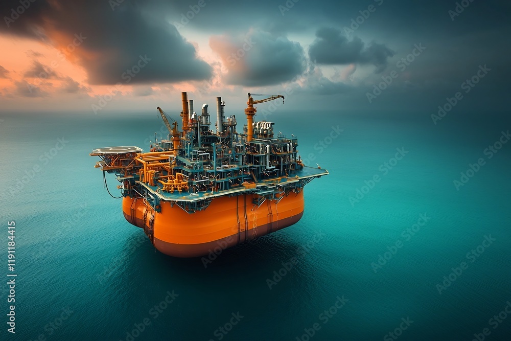 Poster imposing offshore floating production storage and offloading fpso unit moored in an expansive turquo