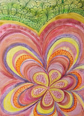 Colorful doodled mandala flower  with leaves and background. The dabbing technique near the edges gives a soft focus effect due to the altered surface roughness of the paper.