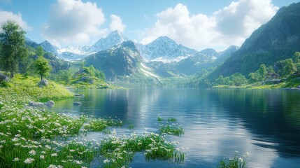 Serene mountain lake with wildflowers.