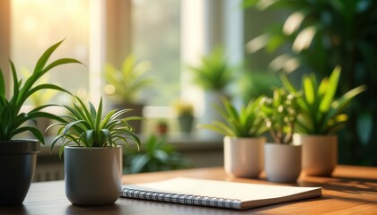 Indoor office setting bathed in natural light. Plants thrives in various pots. Blank notepad rests on wooden desk. Peaceful, calming environment ideal for counseling therapy session. Promotes mental