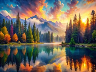 Fototapeta premium Watercolor Forest Mountain Lake Sunset Reflection - Serenity Landscape