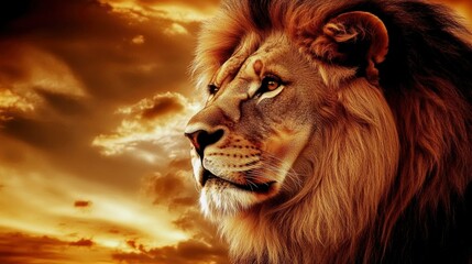 Naklejka premium Majestic Lion Profile Against Dramatic Sunset Sky