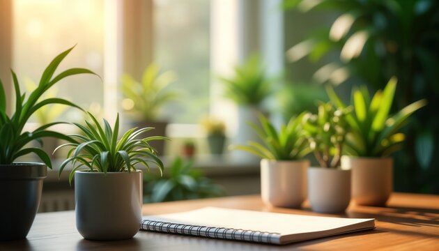 Indoor office setting bathed in natural light. Plants thrives in various pots. Blank notepad rests on wooden desk. Peaceful, calming environment ideal for counseling therapy session. Promotes mental