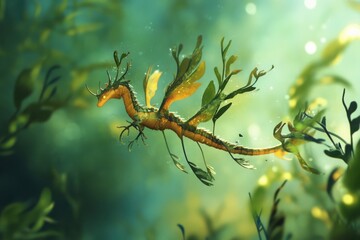 Detailed underwater scene with single weedy seadragon and kelp