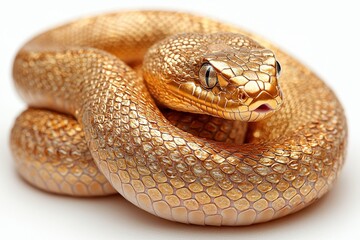 Fototapeta premium Golden Snake with Intricate Scales Displaying a Stunning Metallic Sheen on a Clean White Background for Nature and Wildlife Photography Projects