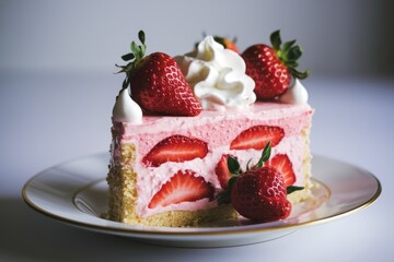 A delectable strawberry mousse cake, layered with fresh strawberries and whipped cream, served on a white plate.