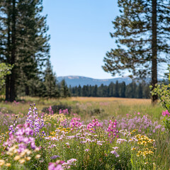 Fototapeta premium Wildflowers in bloom with mountain backdrop. A vibrant meadow scene.