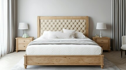 Obraz premium Cozy Modern Bedroom with Elegant Wooden Bed and Bright Decor
