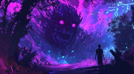 Obraz premium Man Contemplates a Glowing Purple Forest Monster