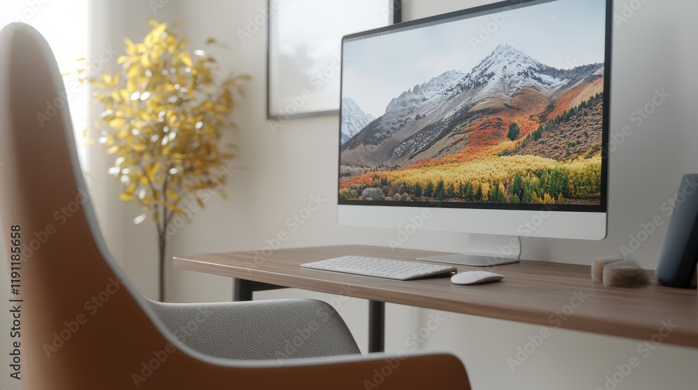 Poster modern desktop workspace setup for creative professionals in a bright environment with scenic views
