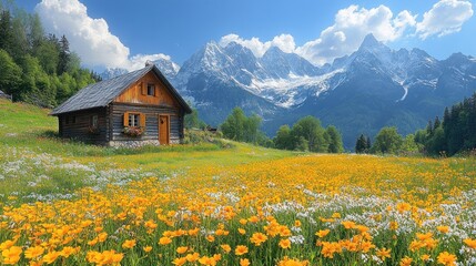 Wooden cabin nestled in a vibrant wildflowers meadow with a majestic mountain range backdrop.