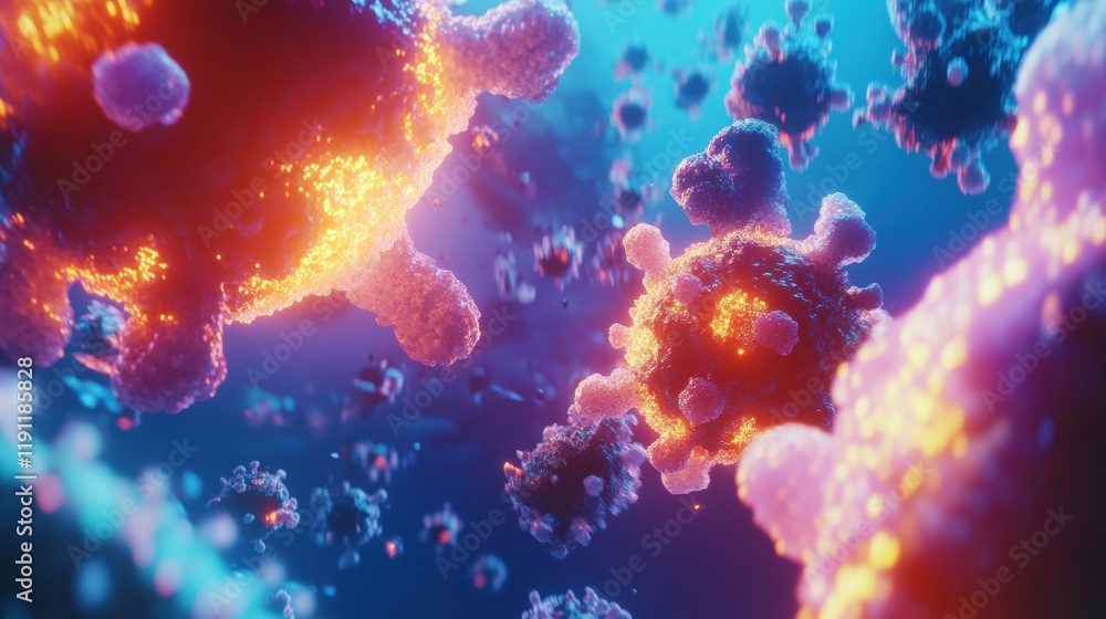 Leinwandbilder visualized antibodies actively targeting and destroying glowing viruses in a detailed microscopic se