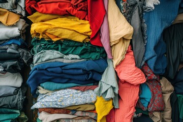 High stack of colorful fabric scraps. Ideal for textile, recycling, or fashion projects.