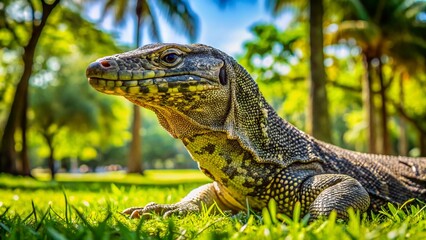 Fototapeta premium Water Monitor Lizard Basking in Park Sunlight - Stock Photo