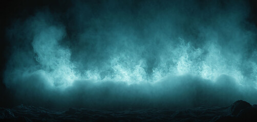 Clouds of white smoke on a dark background that are illuminated