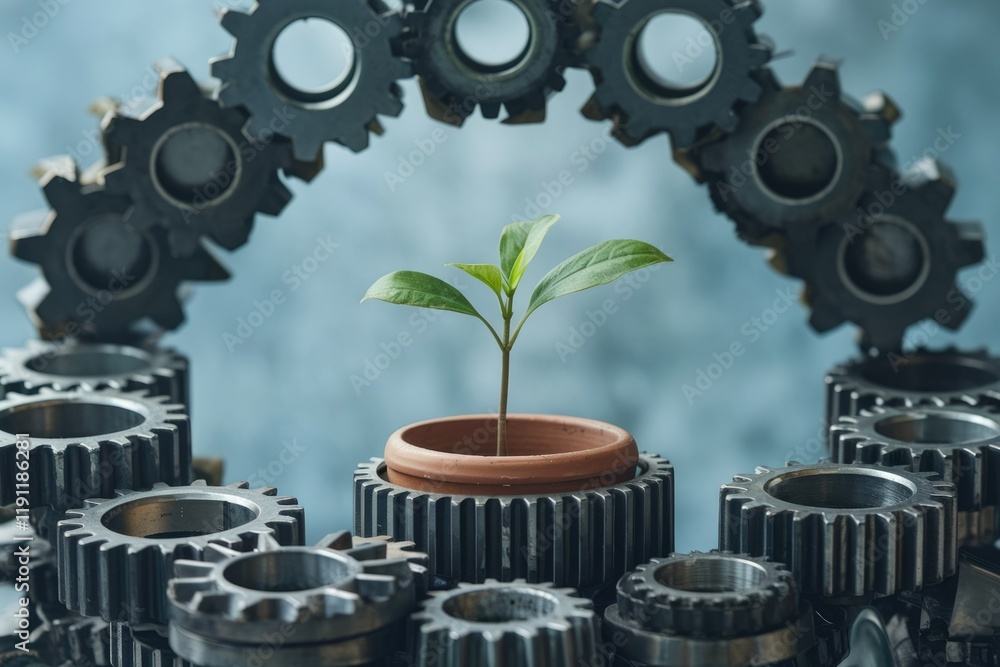 Poster A small plant sprouts in a pot nestled within interlocking gears, symbolizing growth and innovation within a complex system.