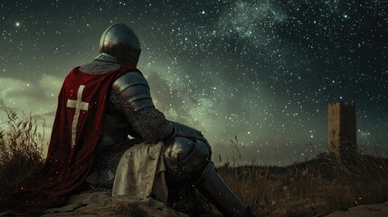 Contemplative Knight in Armor Under Starry Night Sky Landscape