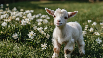 Obraz premium Baby goat standing on green grass with white flowers 