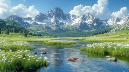 Fototapeta premium Serene mountain valley with wildflowers and river.