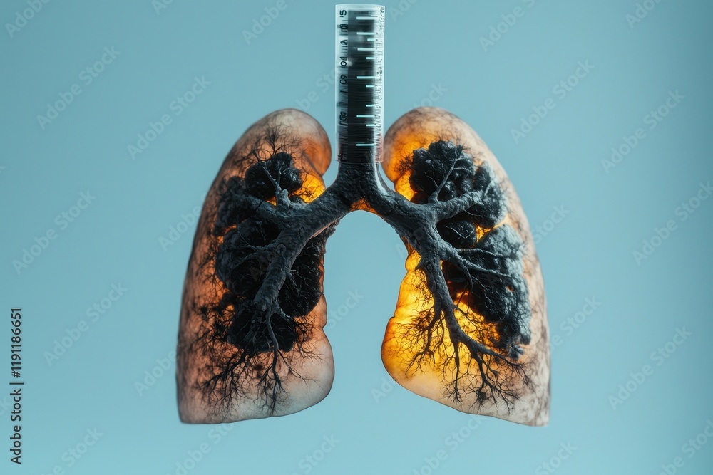 Poster health warning prevention reporting concept. lungs illuminated with a glowing effect, showcasing int