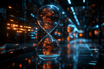 Cosmic Hourglass: A digital hourglass with flowing data bars symbolizing the passage of time as they filter through the hourglass, blending technology and time in a futuristic design.