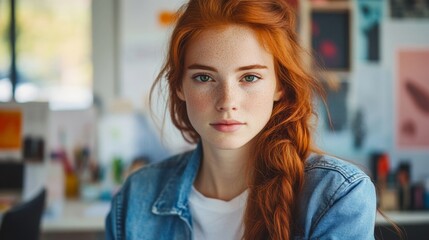 A woman with red hair and blue jeans is sitting in front of a desk. She has a serious expression on her face