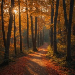 Fototapeta premium A serene forest path bathed in golden sunlight during the autumn season. The ground is carpeted with vibrant red leaves, creating a stunning contrast against the warm hues of the setting sun.