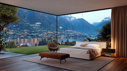 Fototapeta premium Modern bedroom interior with stunning lake and mountain view through large glass windows