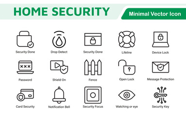 Home Security Icon Set. A comprehensive collection of icons focused on safety and protection, perfect for enhancing security apps, websites, and marketing materials aimed at home safety solutions.