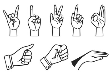 Hand gestures, minimalist icons, black and white illustrations, line drawings, emoji-style graphics, sign language symbols, finger counting, pointing hands, waving hands, thumbs up, peace sign, open p
