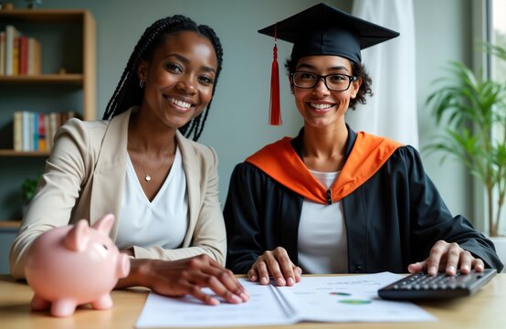 Proud African American woman graduates with accounting, financial planning degree. Sits at table with supportive mother. Look happy, review financial documents like budgets, loan options. Piggy bank